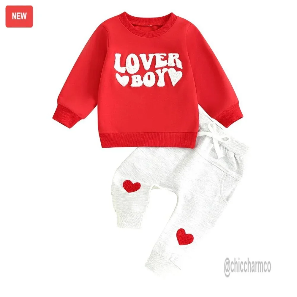 Toddler Boy Heart Embroidered Sweatshirt Jogger Set Cotton Blend 0-6M-2-3Y